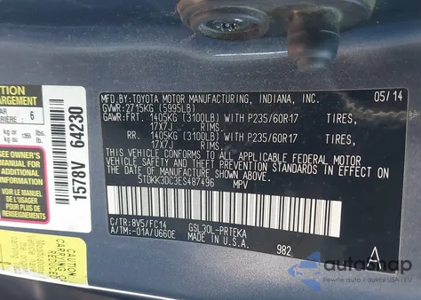 2014 Toyota Sienna Le V6 8 Passenger из США, поврежденный, VIN 5TDKK3DC3ES487496